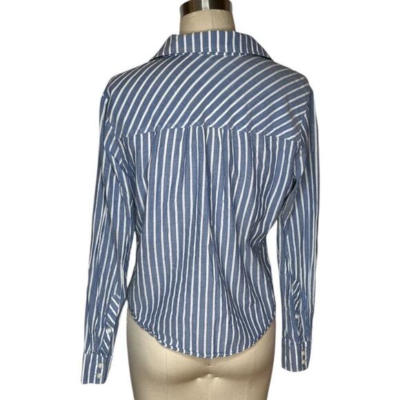 J. Crew Fact Blue White Vertical Stripe Tie-Front Button Up Shirt Blouse Size M - Picture 2 of 4